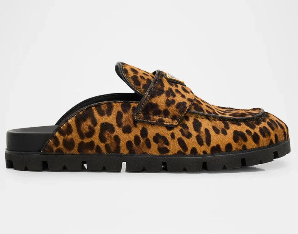 Prada Leopard Pony Fur Fussbett Gold Logo Loafer Slip On Slide Mule Flat 37
